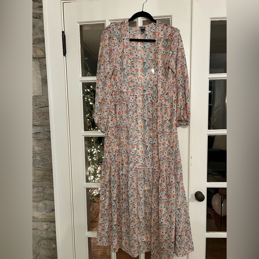 wild fable pink and floral see through long flowy kimono size XS